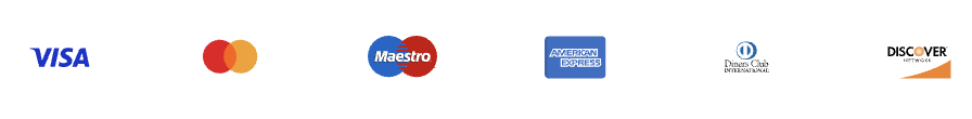 Visa, Mastercard, Maestro, Amex, Diners, Discover