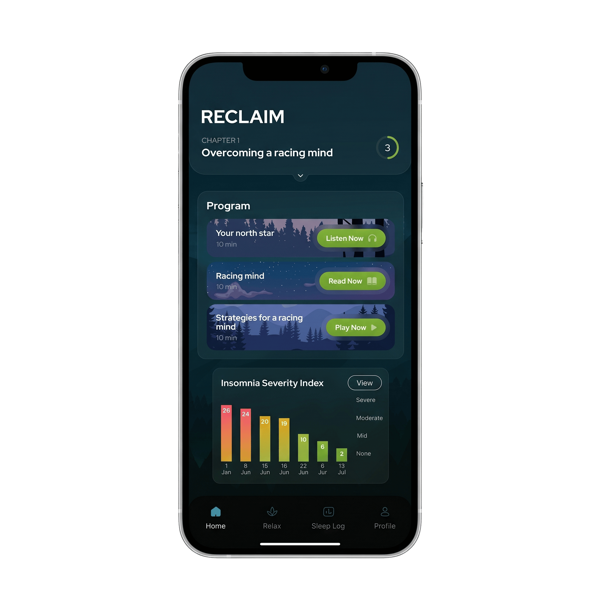 The Reclaim app — Chapter 1: Overcoming a racing mind, program modules, and Insomnia Severity Index chart
